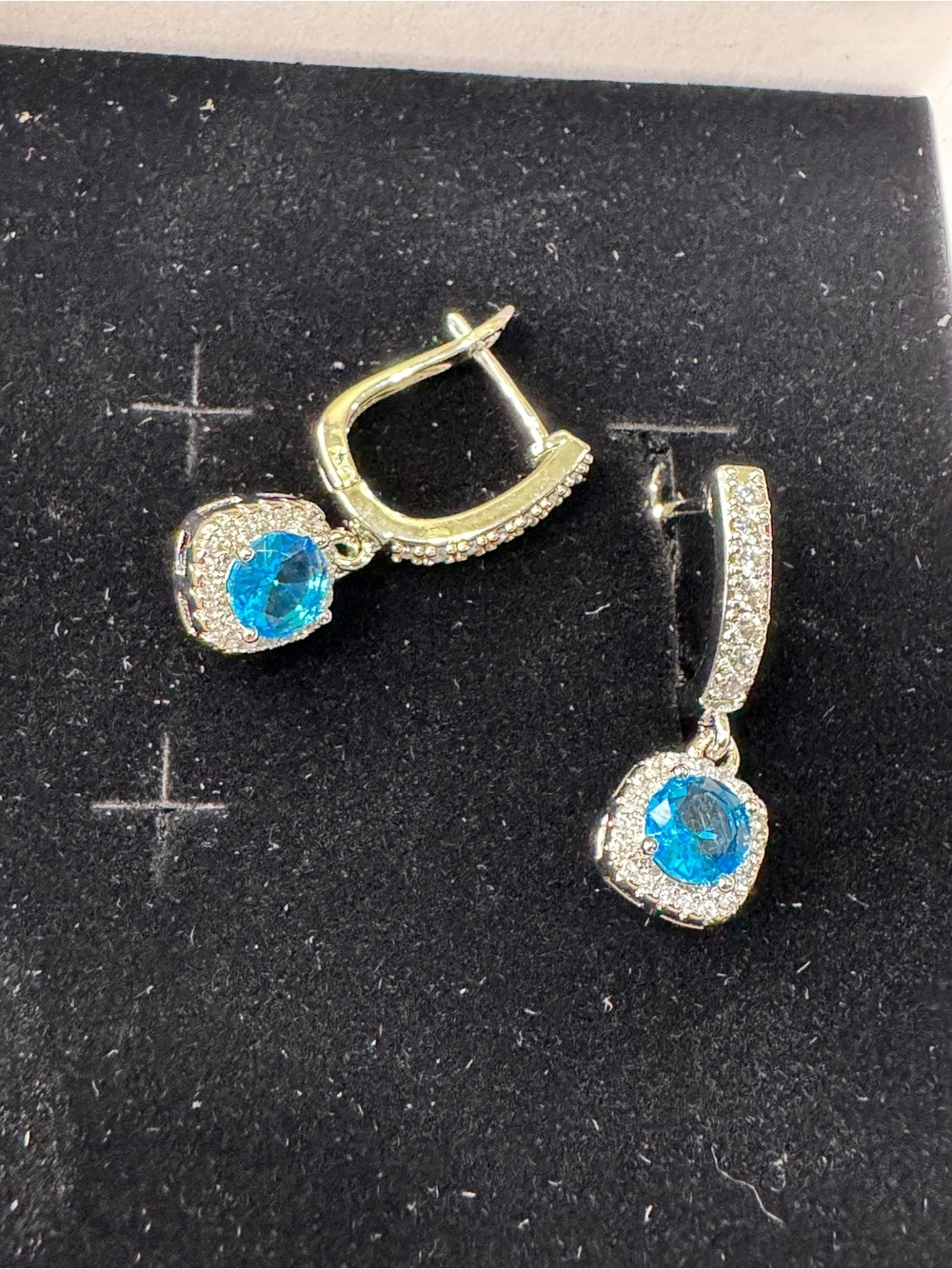 Blue Topaz and Moissanite Blue Crystal Halo Drop Earrings - Picture 2 of 12